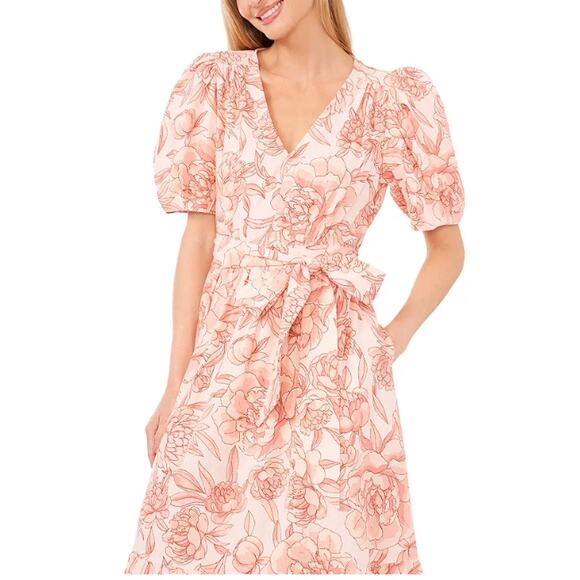 CECE WOMENS SIZE SMALL FLORAL PUFF SLEEVE BELTED LINEN BLEND MAXI DRESS PINK NEW - Picture 3 of 13